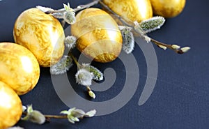 Top view easter composition with willow branch and eggs.