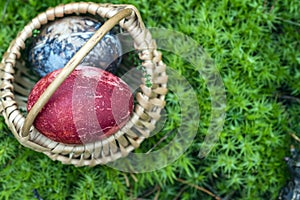 Top view of Easter eggs in rural basket