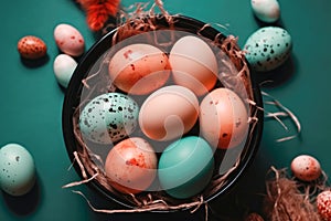 Top view of Easter multicolored eggs in wicker basket. pastel toned. Generative AI