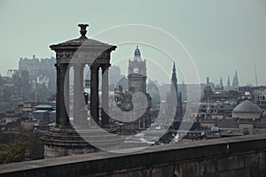 Top view of Edinburgh city centre in Scottish cloudy foggy weather