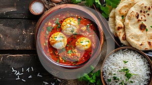 Top view egg curry in a traditional bowl, alongside a pile of steamed rice and warm flatbread - a popular dish in many cuisines