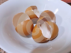 Top view of egg shell on white bowl as a background, Copy space