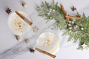 Top view of eggnog with alcohol and aromatic spices, Christmas tree branch on the white table photo