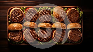 Top View Of Eight Hamburgers On Wooden Tray - 8k Resolution