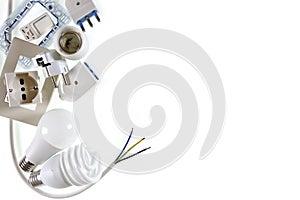 Top view of electrical system components on white background.