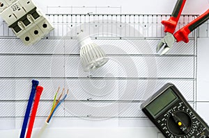 Top view of electrical tools and materials for electrical system