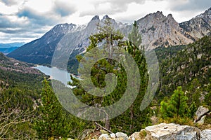 Top view of Els Encantats flowed in canyon in Estany de Sant Maurici in Espot in Spain photo