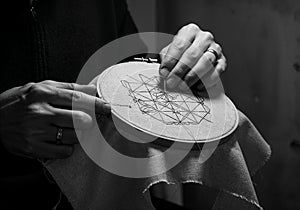 Top view of embroidery tools including hoops