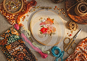 Top view of embroidery tools including hoops