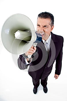 Top view of employee shouting in loudspeaker