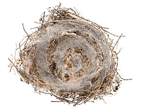 Top view of empty bird nest isolated on white, rather scruffy, very small - about 4 inch across.