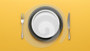 Top view of Empty black and white ceramic plate set on yellow, 3D render