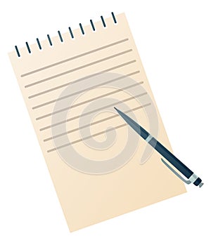 Top view of empty blank notebook and pen. Note pad paper sheet. Isolated notepad with pen