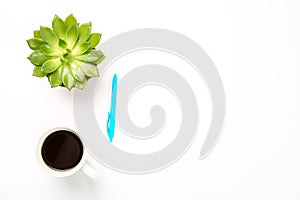 Top view of empty office desk. Green plant in a pot, cup of coffee and blue pen on white background. Copy space for your text