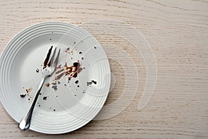 Top view of an empty plate with fork in it.