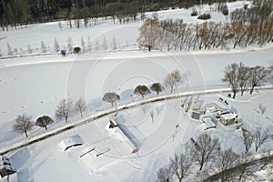 Top view of an empty sports field in a winter park. Infrastructure for winter sports