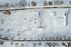 Top view of an empty sports field in a winter park. Infrastructure for winter sports