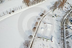 Top view of an empty sports field in a winter park. Infrastructure for winter sports