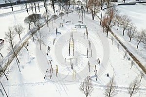 Top view of an empty sports field in a winter park. Infrastructure for winter sports