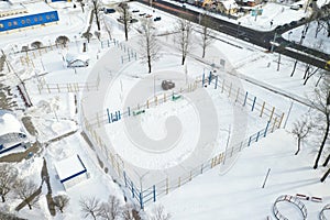 Top view of an empty sports field in a winter park. Infrastructure for winter sports