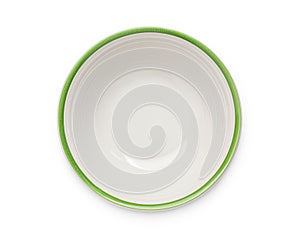 Top view of empty white bowl with green edge isolated on white background, with clipping path