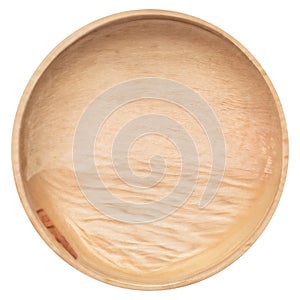 Top view of empty wooden bowl isolated on background. Clean plate cut out