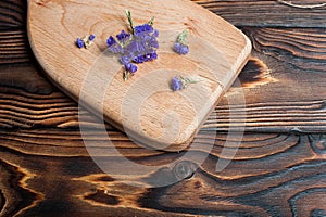 Top view of empty wooden cutting board on dark tabletop