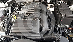 Top view of engine with car details and parts
