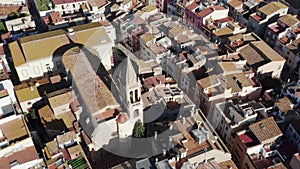 Top view of the European town: residential buildings with tiled roofs