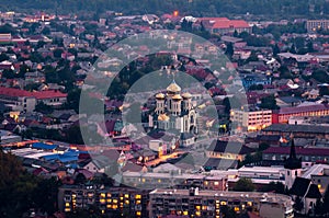 Top view on the evening city of Khust, Transcarpathia Ukraine