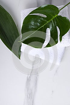 Top view of exotic leaves and fresh clean towels on the white marble table.Free space
