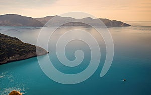 Top view of the famous Myrtos beach on Kefalonia island, Ionian sea, Greece. Myrtos beach with turquoise sea water on Cephalonia