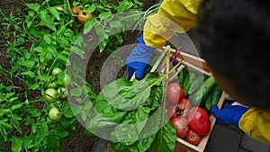 Top view. Farmer hold a wooden crate with organic harvested organic vegetables, put it down on an empty box, at eco farm