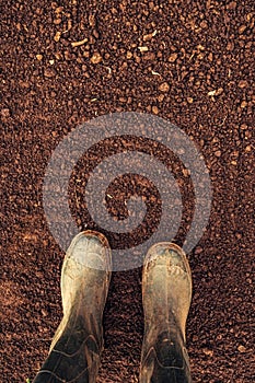 Top view of farmer rubber boots on ploughed arable land