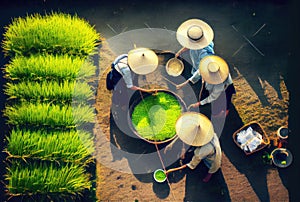 Top view of farmers harvesting rice in the agriculture fields. People lifestyles and occupation concept. Digital art illustration