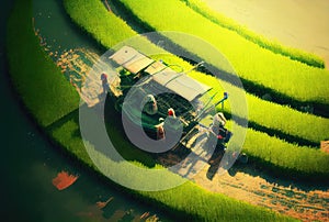 Top view of farmers harvesting rice in the agriculture fields. People lifestyles and occupation concept. Digital art illustration
