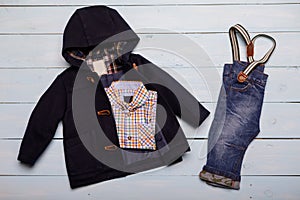 Top view fashion trendy look of kids clothes. Kids fashion