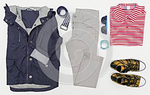 Top view fashion trendy look of kids clothes. Kids fashion. Spring, autumn outfit.