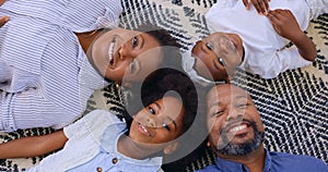 Top view, father or portrait of mother with happy kids in home to relax on holiday vacation with smile. Black family