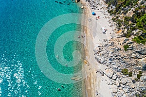 Top view of Fava Beach at Chalkidiki, Greece. Aerial Photography