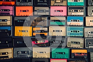 Top View Featuring A Nostalgically Arranged Collection Of Neatly Aligned Retro Vintage Audio Cassette Tapes - Generative AI