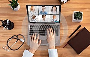 Female Doctor Making Video Call With Medical Professionals, Collage, Top-View