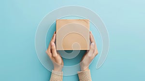 From a top view, a female hand holds a brown cardboard box against a light blue background, Ai Generated