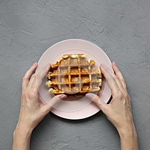 Top view, female hands holding traditional belgian waffle on pink plate over concrete surface. Overhead, from above