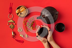 Oriental decorations and tea set