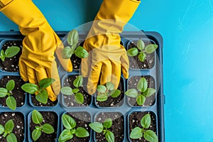 Top view of female hands in yellow gloves taking care of small plant sprout on blue background.