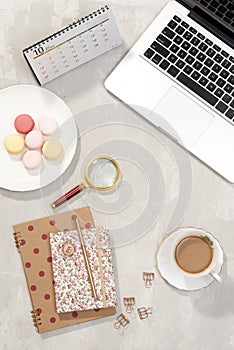 Top view feminine office table desk. Freelancer working place