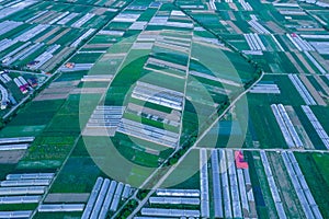 Top view of fields and greenhouses where vegetables are grown. Agribusiness and export of products.