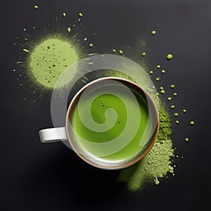 Top view of finely ground matcha tea powder in a cup and scattered around the cup on the surface against a black background.