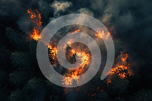 Top view of fire burning in forest at night